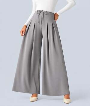 Halara Halara Flex High Waisted Tie Front Wide Leg Crepe Work Pants with Pockets